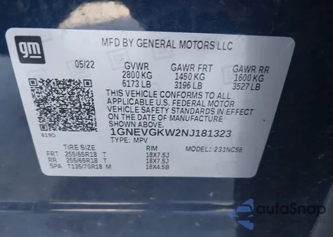 2022 Chevrolet Traverse Awd Lt Cloth from USA, damaged, VIN 1GNEVGKW2NJ181323